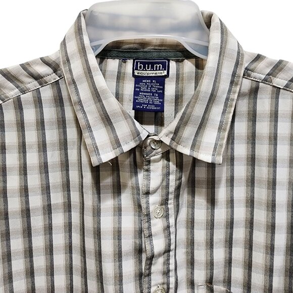 B.U.M. Equipment Mens XL Short Sleeve Button Up Shirt Gray Beige Plaid Polyester - Picture 7 of 9